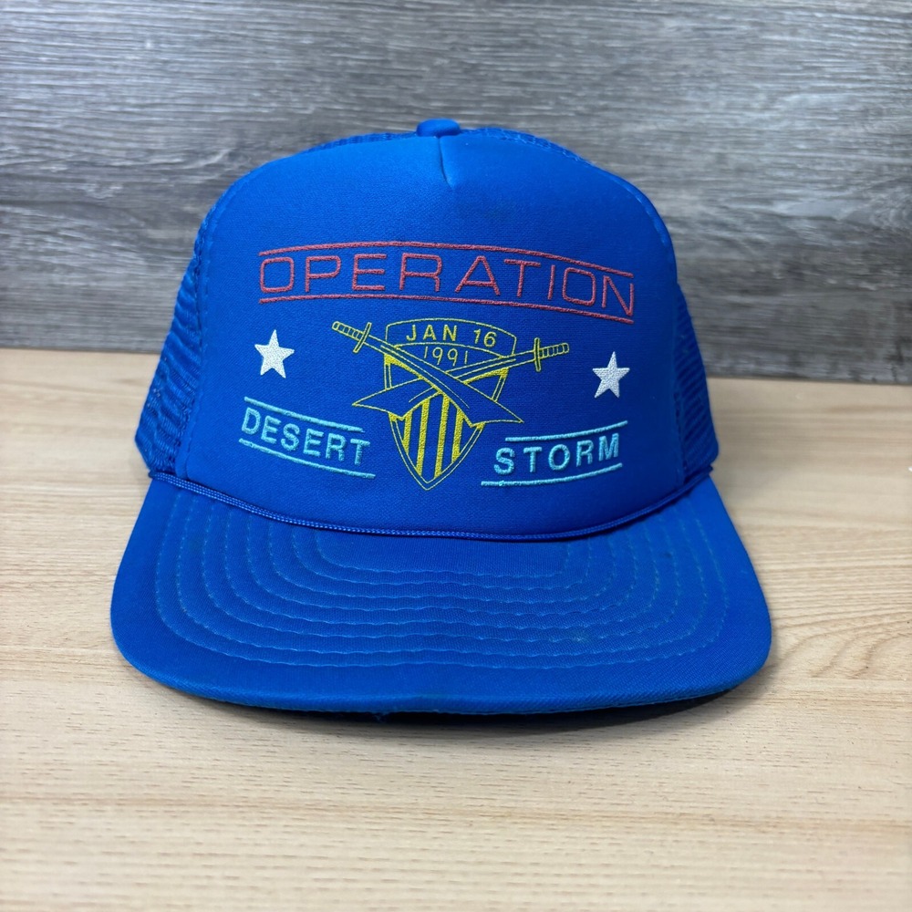 Vintage Desert Storm Hat Cap Snapback Blue Trucker Adjustable 90s